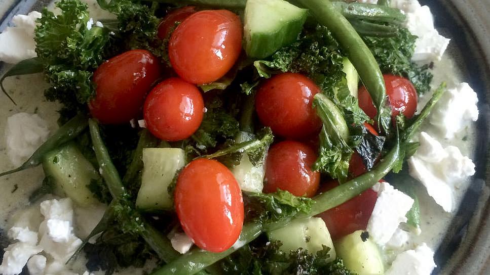 Roasted Kale, Tomato & Cucumber Salad with Feta & Minty Greek Yogurt Dressing