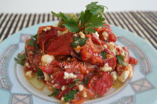 Sweet red peppers salad with feta cheese